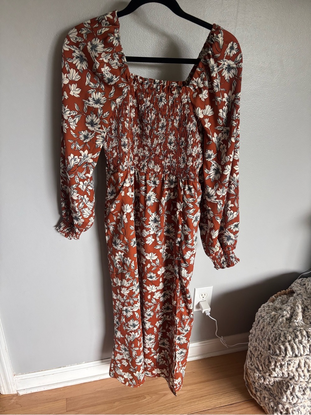 La Ligne Rust Floral Smocked Dress with Navy Accents
